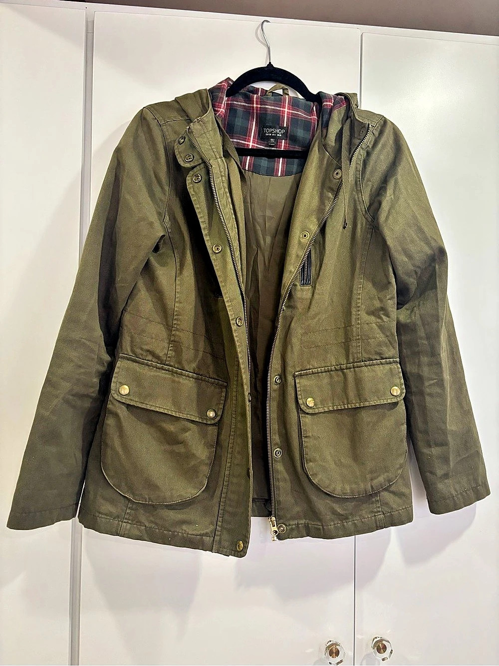 Topshop Hooded Utility Jacket with Plaid Lining Green & Black
